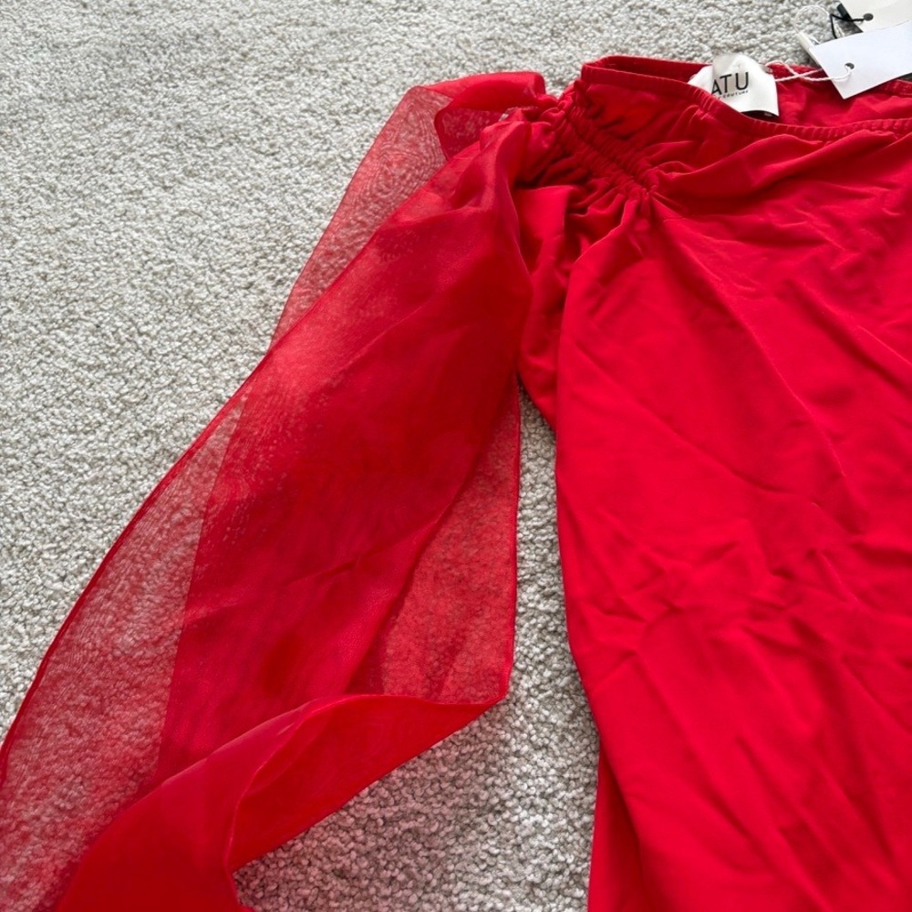 ATU Body Couture Bow Shoulder Catsuit Jumpsuit Womens XS Red Asymmetric Bold - Picture 3 of 10